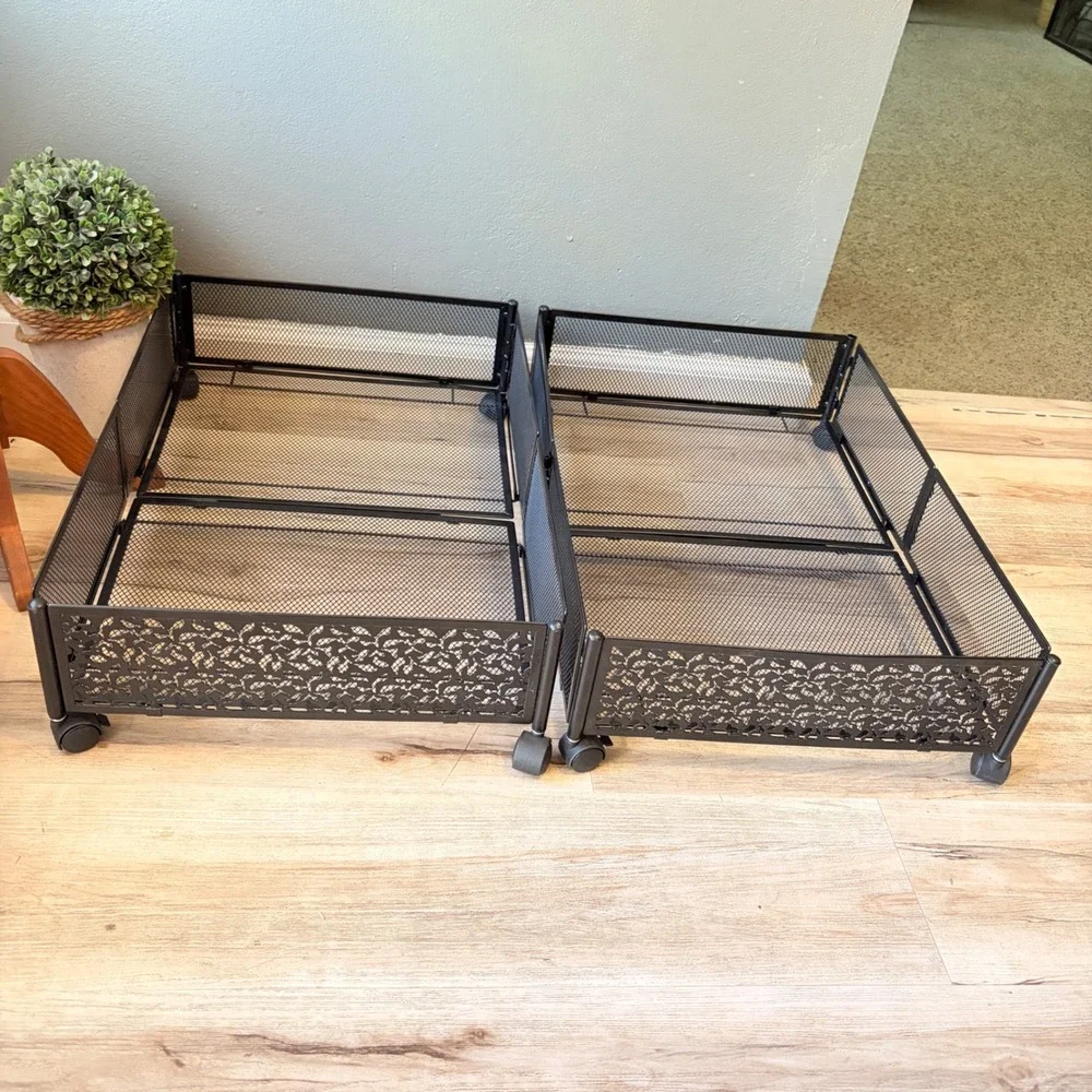2 Black Metal Mesh Rolling Underbed Storage Bins Bird Leaf Design Foldable